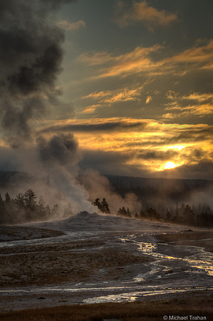 Old Faithful Erupting at Dawn, Yellowstone